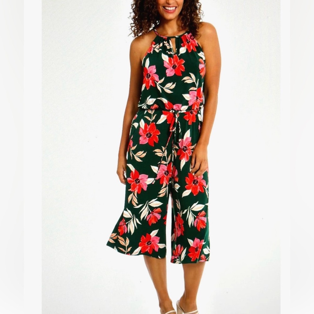 Maggy London Womens Lottie Crop Green Pink Floral Sleeveless Tie Jumpsuit Size 6